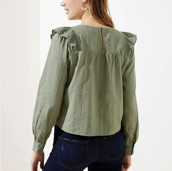 Loft Ruffle Cropped Blouse, Color Olive Green Size L - Picture 2 of 16